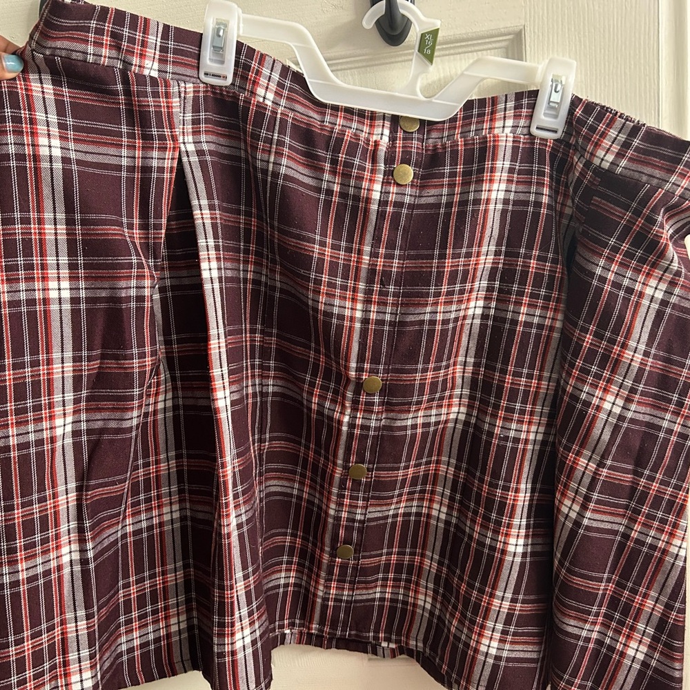 Burgundy Purple Plaid Twill Pleated Button Front Mini Skirt